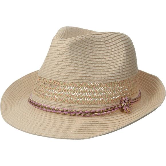 Peach Fedora Ladies Versatile Hat by Rampage Hat Pink & Gold Accent Braided Rope - Picture 2 of 11